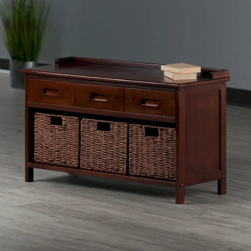 Banc de rangement Adriana 4 pièces avec 3 paniers tressés pliables, Noyer
