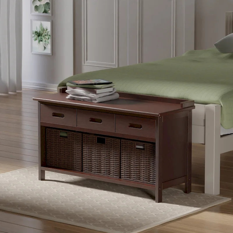 Banc de rangement Adriana 4 pièces avec 3 paniers tressés pliables, Noyer