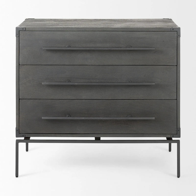 Armoire d'appoint Ward en bois massif marron foncé avec base en fer noir, 3 tiroirs