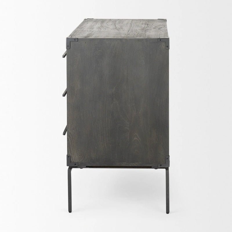 Armoire d'appoint Ward en bois massif marron foncé avec base en fer noir, 3 tiroirs
