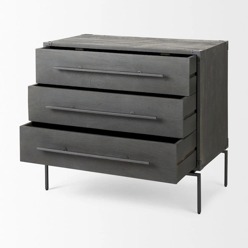 Armoire d'appoint Ward en bois massif marron foncé avec base en fer noir, 3 tiroirs