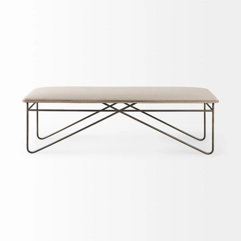 Banc Camille avec assise en tissu crème et structure en métal foncé – 55,5 larg. x 16 prof. x 17 haut.