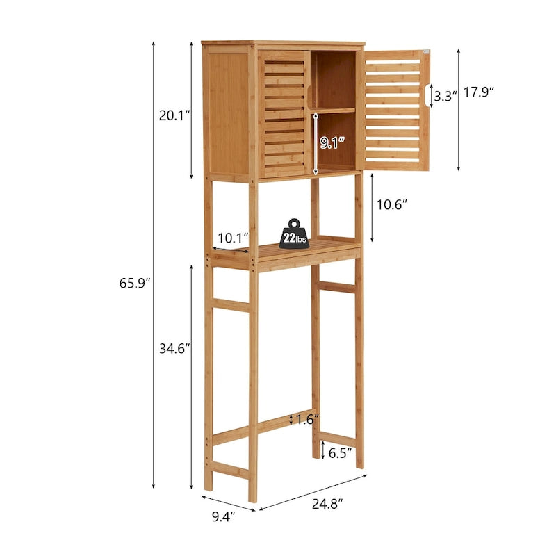 Meuble de rangement Kinbor en bambou au-dessus des toilettes, étagère de salle de bain avec portes et étagères, économiseur d'espace sur pied