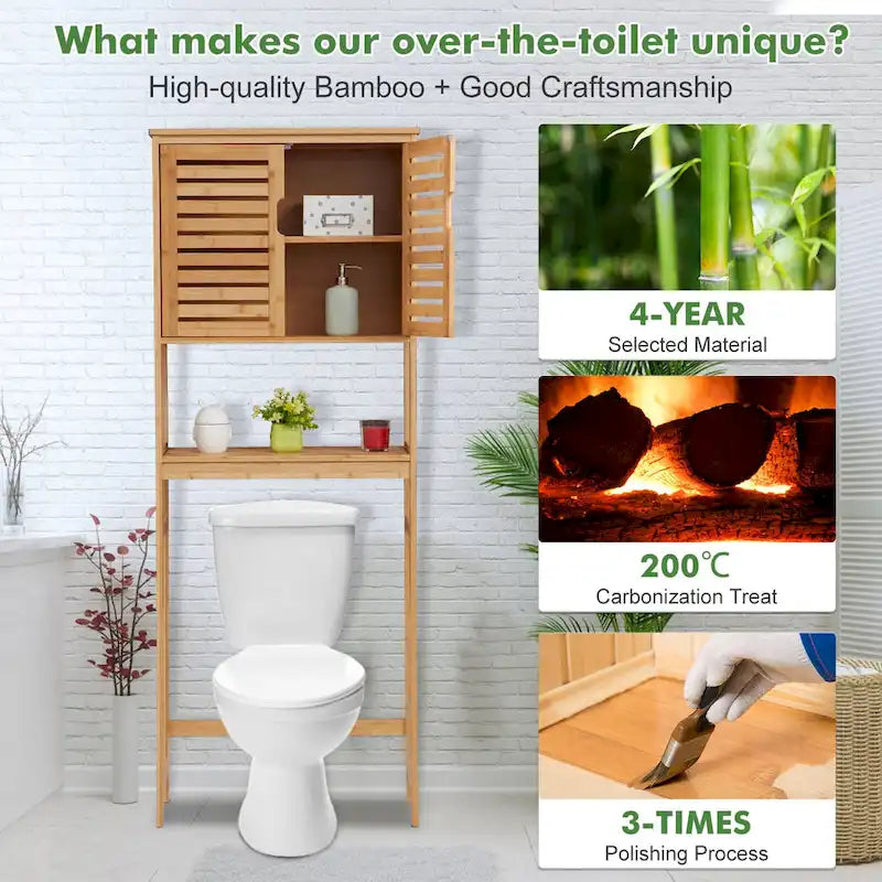 Meuble de rangement Kinbor en bambou au-dessus des toilettes, étagère de salle de bain avec portes et étagères, économiseur d'espace sur pied