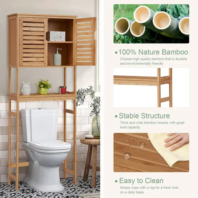 Meuble de rangement Kinbor en bambou au-dessus des toilettes, étagère de salle de bain avec portes et étagères, économiseur d'espace sur pied