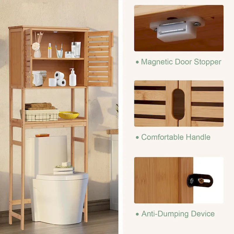 Meuble de rangement Kinbor en bambou au-dessus des toilettes, étagère de salle de bain avec portes et étagères, économiseur d'espace sur pied