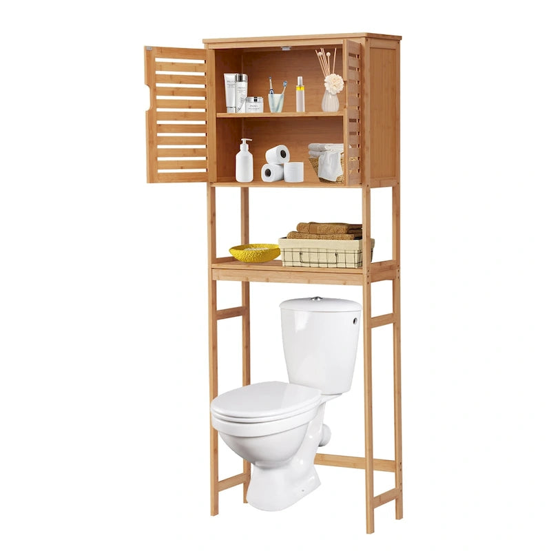 Meuble de rangement Kinbor en bambou au-dessus des toilettes, étagère de salle de bain avec portes et étagères, économiseur d'espace sur pied