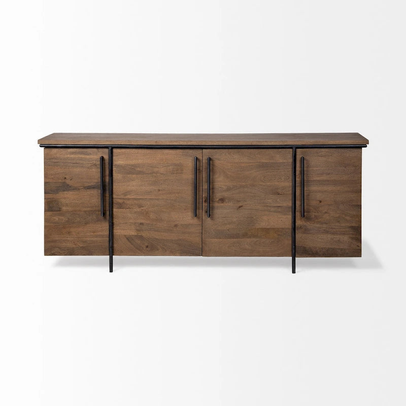 Maddox IV Buffet en bois massif marron avec accent en métal noir à 4 portes - 80,0L x 19,0l x 33,0H