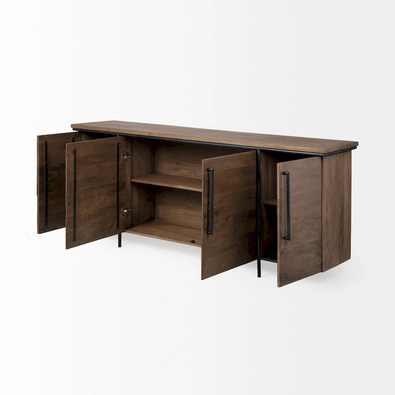 Maddox IV Buffet en bois massif marron avec accent en métal noir à 4 portes - 80,0L x 19,0l x 33,0H