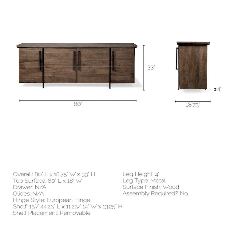Maddox IV Buffet en bois massif marron avec accent en métal noir à 4 portes - 80,0L x 19,0l x 33,0H