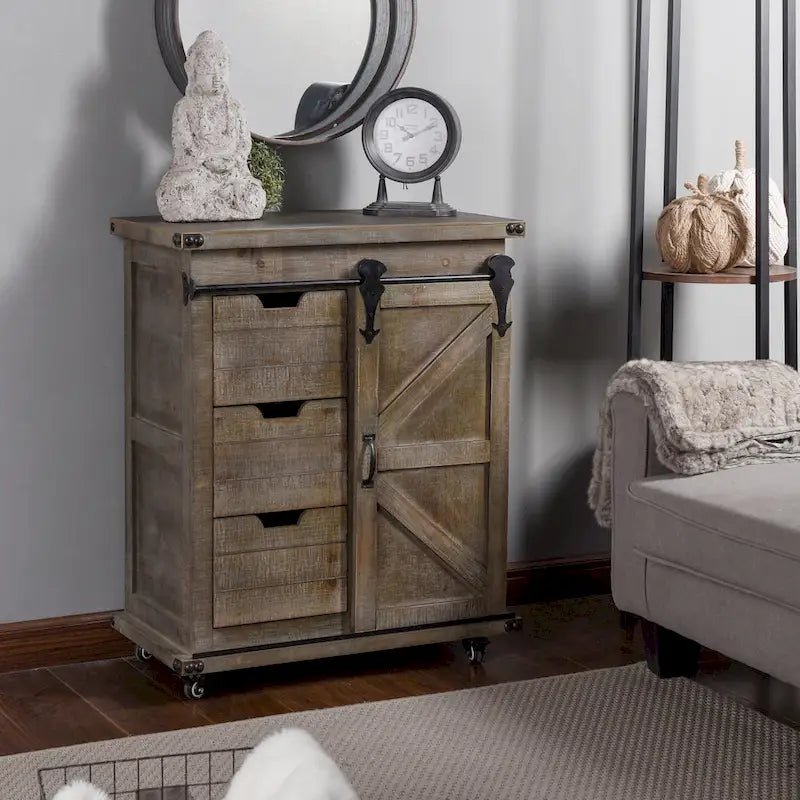 StyleCraft Presley Armoire de chevet 3 tiroirs avec porte Gris Driftwood