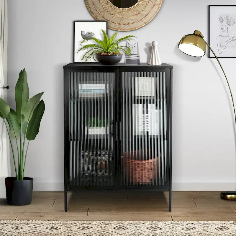 Armoire de rangement à double porte vitrée de 122 cm, buffet avec étagères réglables