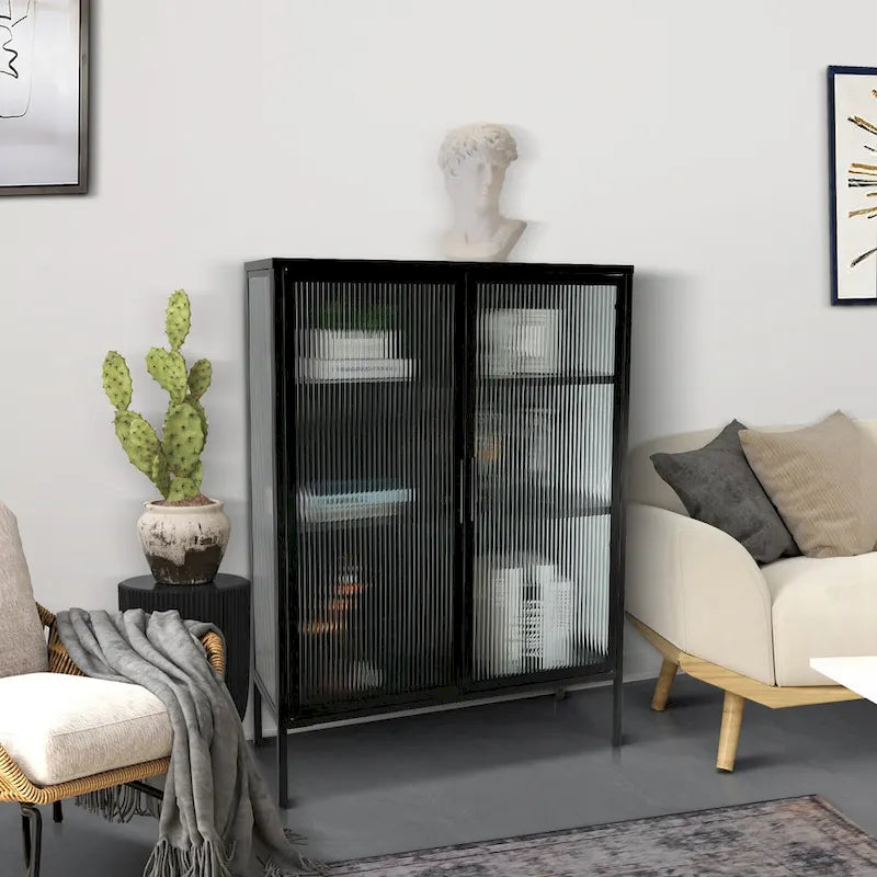 Armoire de rangement à double porte vitrée de 122 cm, buffet avec étagères réglables