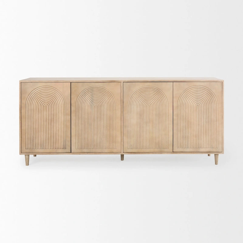 Buffet Tucker en bois massif brun clair avec portes à motifs – 71,75L x 30H x 15P