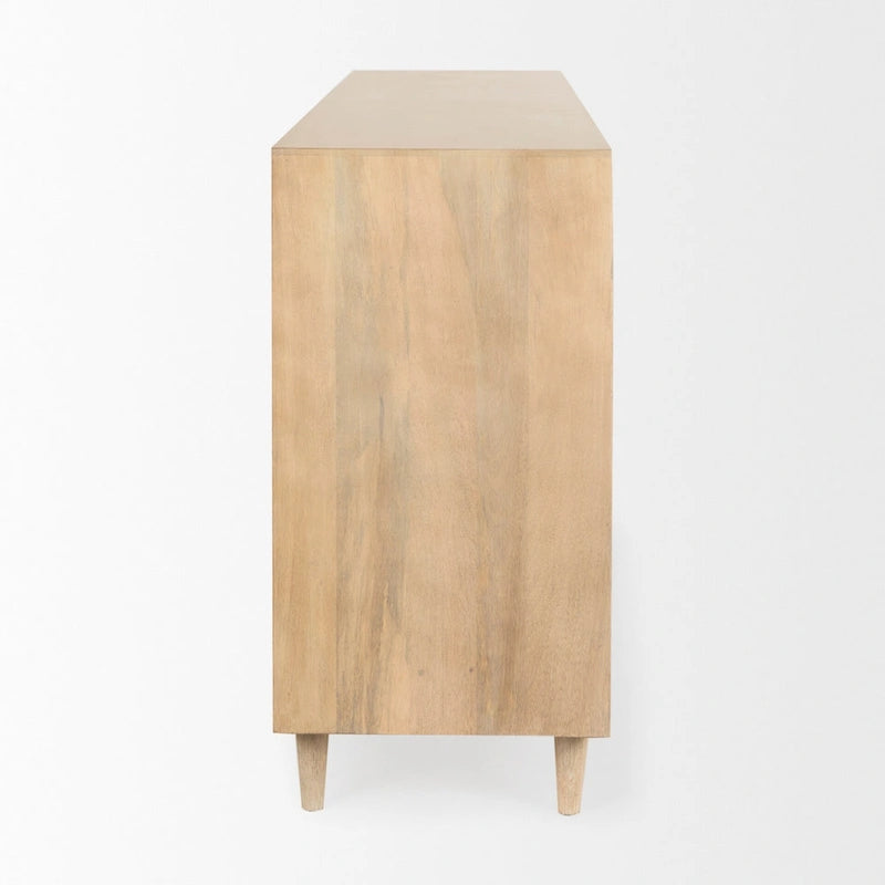 Buffet Tucker en bois massif brun clair avec portes à motifs – 71,75L x 30H x 15P