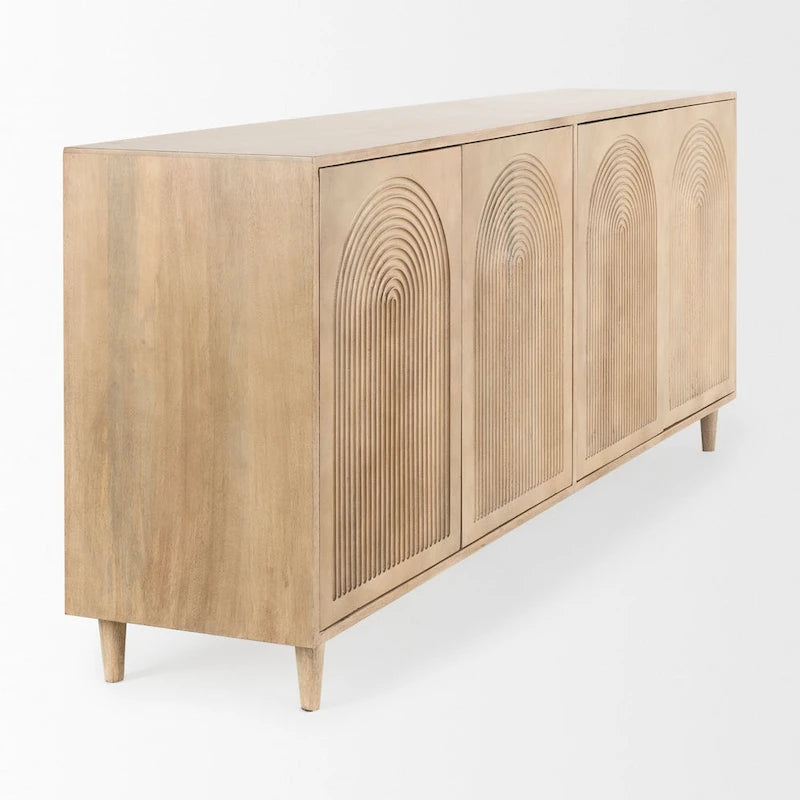 Buffet Tucker en bois massif brun clair avec portes à motifs – 71,75L x 30H x 15P