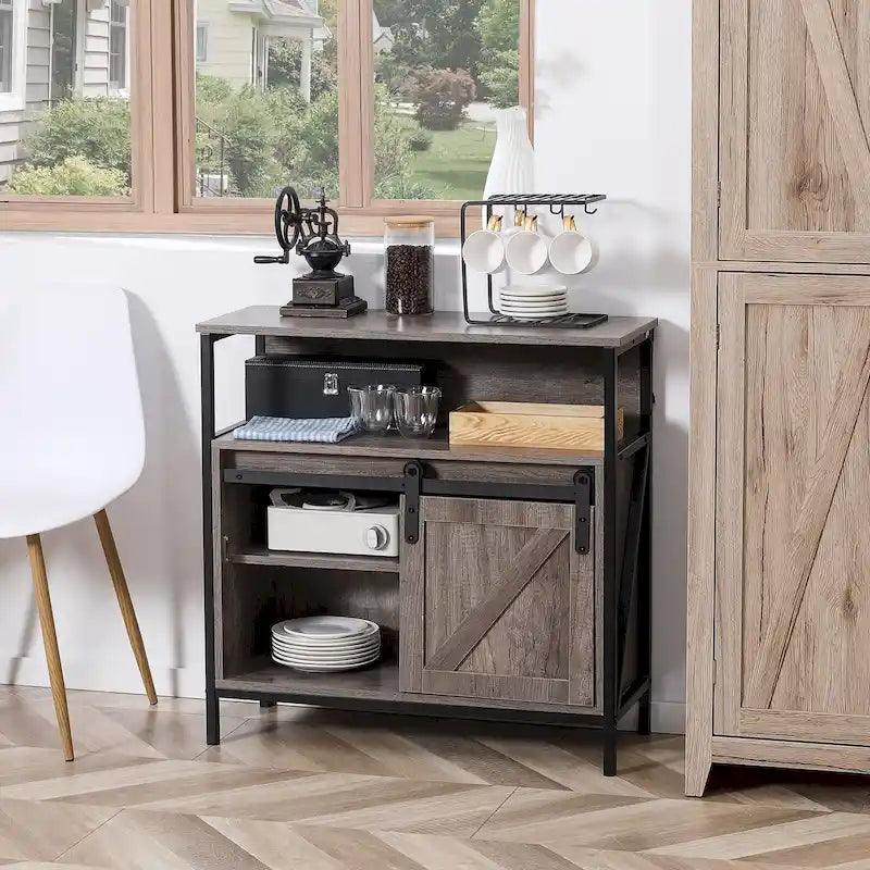 HOMCOM Buffet de ferme, meuble de cuisine, avec porte coulissante de style grange et étagère réglable pour salon, gris