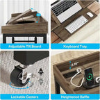 Table de lit réglable en hauteur avec roulettes, Chariot mobile pour ordinateur portable avec prises et ports USB