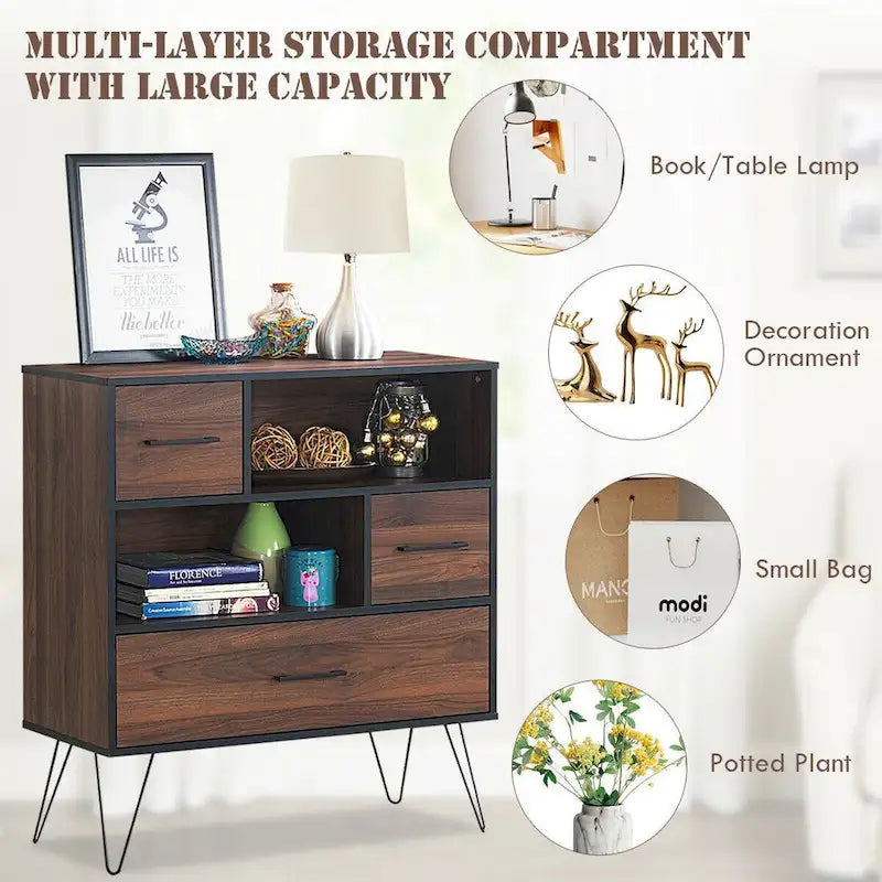 Buffet de Rangement Polyvalent avec Pieds en Métal et Tiroirs - 35.5 x 15.5 x 40 (L x l x H)
