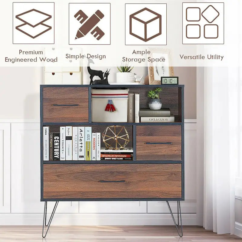 Buffet de Rangement Polyvalent avec Pieds en Métal et Tiroirs - 35.5 x 15.5 x 40 (L x l x H)