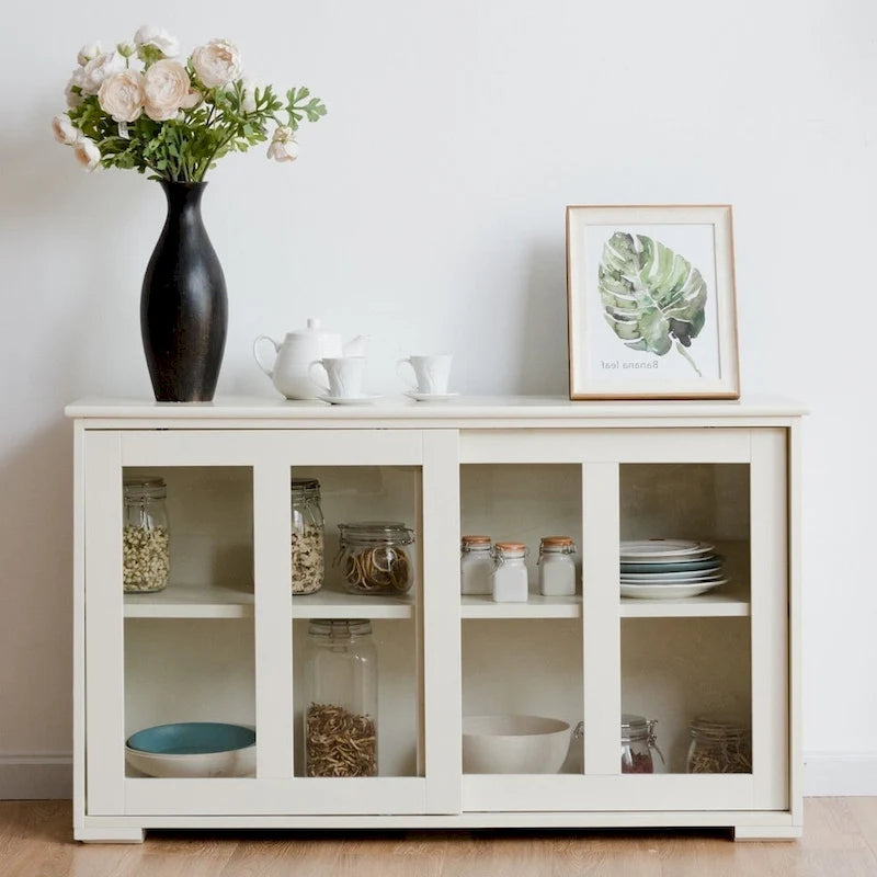 Buffet moderne en bois blanc crème avec porte coulissante en verre - 42L x 13.0P x 24.5H