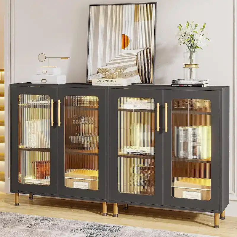 Buffet avec Rangement, Buffet d'Appoint Moderne avec Portes en Acrylique et Lumière LED - N/A