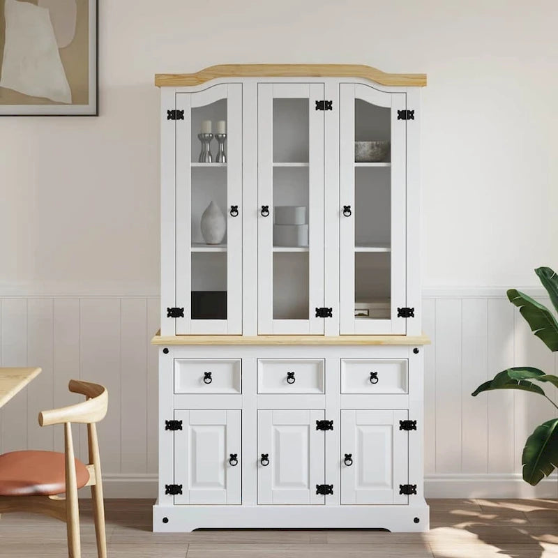 vidaXL Highboard, 112x43x196 cm, dessus blanc et finition naturelle - 112 x 43 x 196
