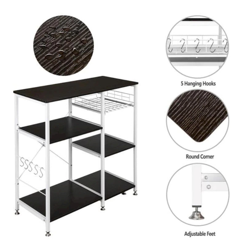 Étagère de cuisine style boulanger Meuble de rangement Support de micro-ondes 3 niveaux pour organisateur d'épices, plan de travail, marron foncé