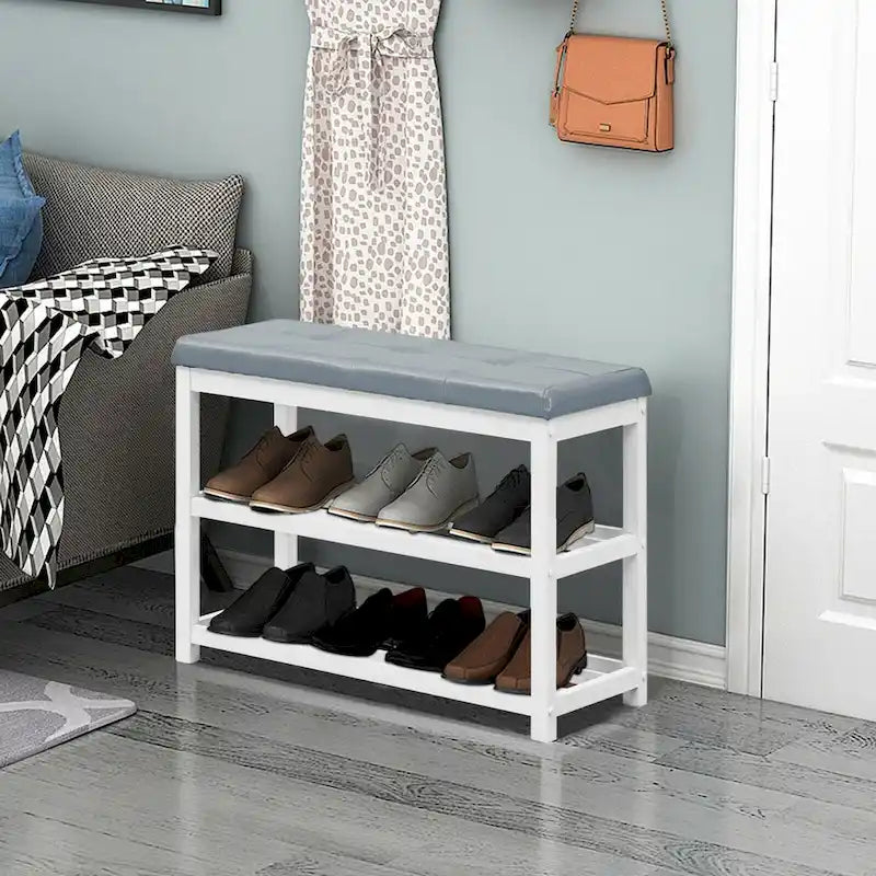 Banc range-chaussures 2 niveaux en bois avec assise rembourrée - 31x 16x 24(L x l x H)