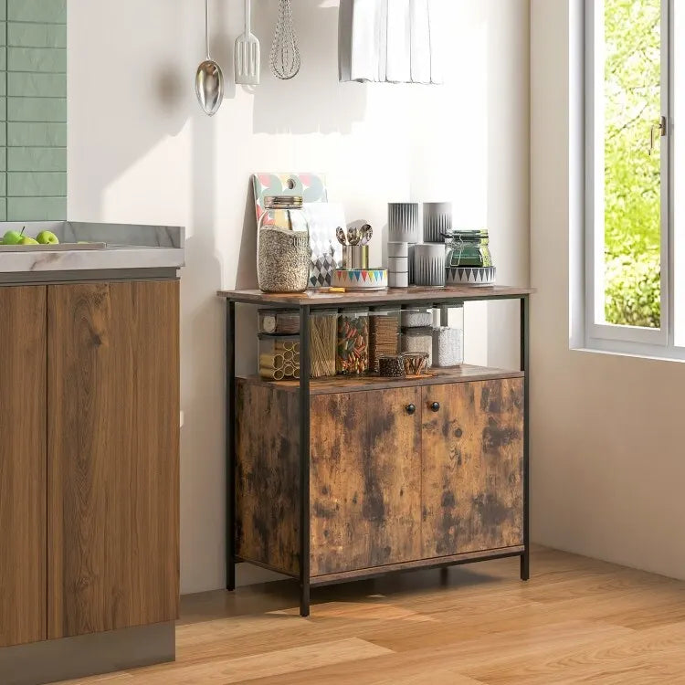 Meuble buffet 2 portes avec étagères et trous de gestion des câbles - Marron rustique - 80 x 40,5 x 80 cm (L x l x H)