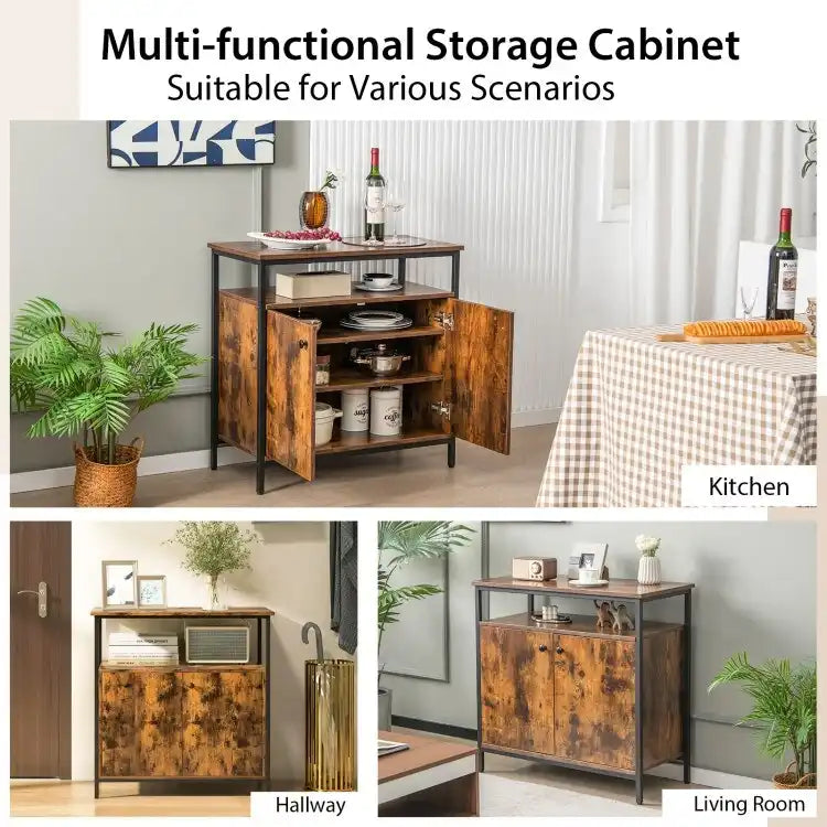 Meuble buffet 2 portes avec étagères et trous de gestion des câbles - Marron rustique - 80 x 40,5 x 80 cm (L x l x H)