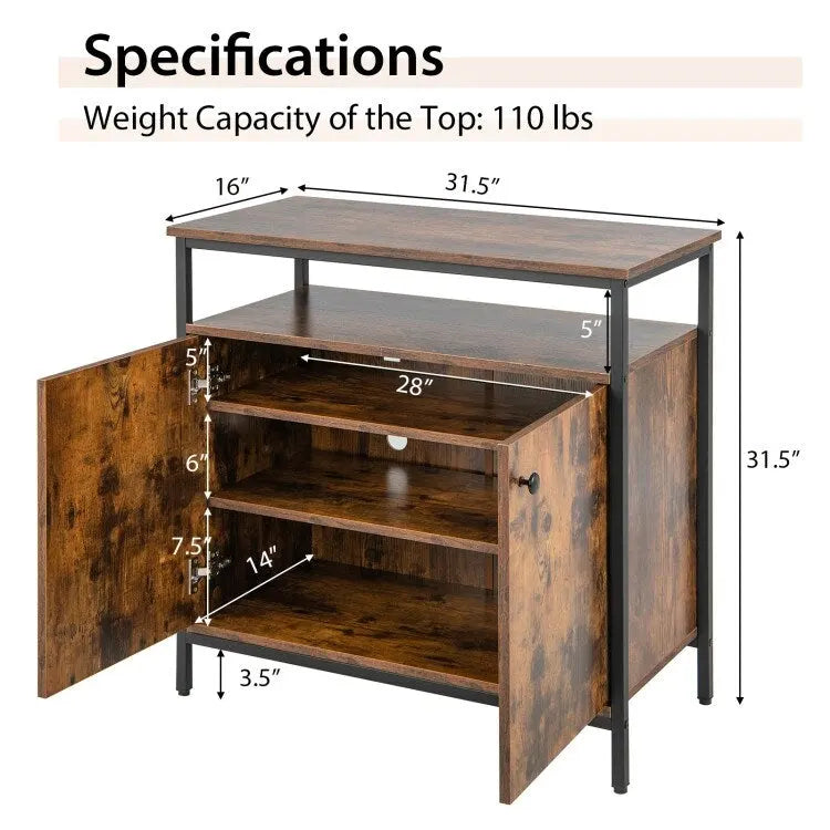 Meuble buffet 2 portes avec étagères et trous de gestion des câbles - Marron rustique - 80 x 40,5 x 80 cm (L x l x H)