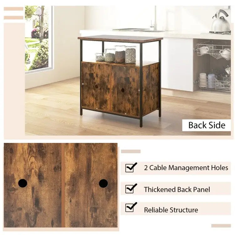 Meuble buffet 2 portes avec étagères et trous de gestion des câbles - Marron rustique - 80 x 40,5 x 80 cm (L x l x H)