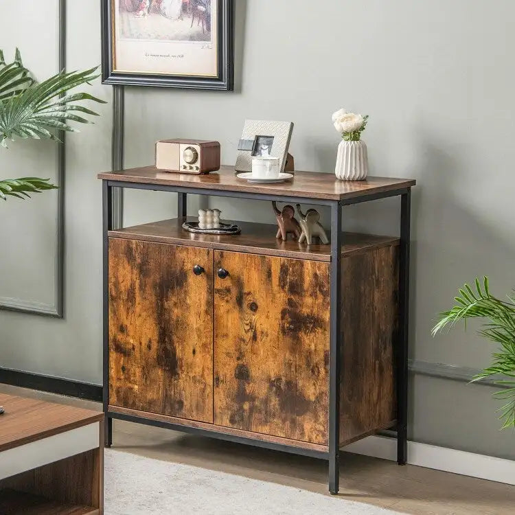 Meuble buffet 2 portes avec étagères et trous de gestion des câbles - Marron rustique - 80 x 40,5 x 80 cm (L x l x H)