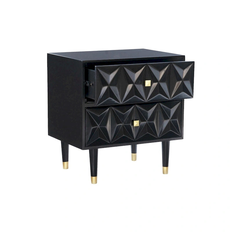 27 table de chevet à deux tiroirs à motif géométrique noir
