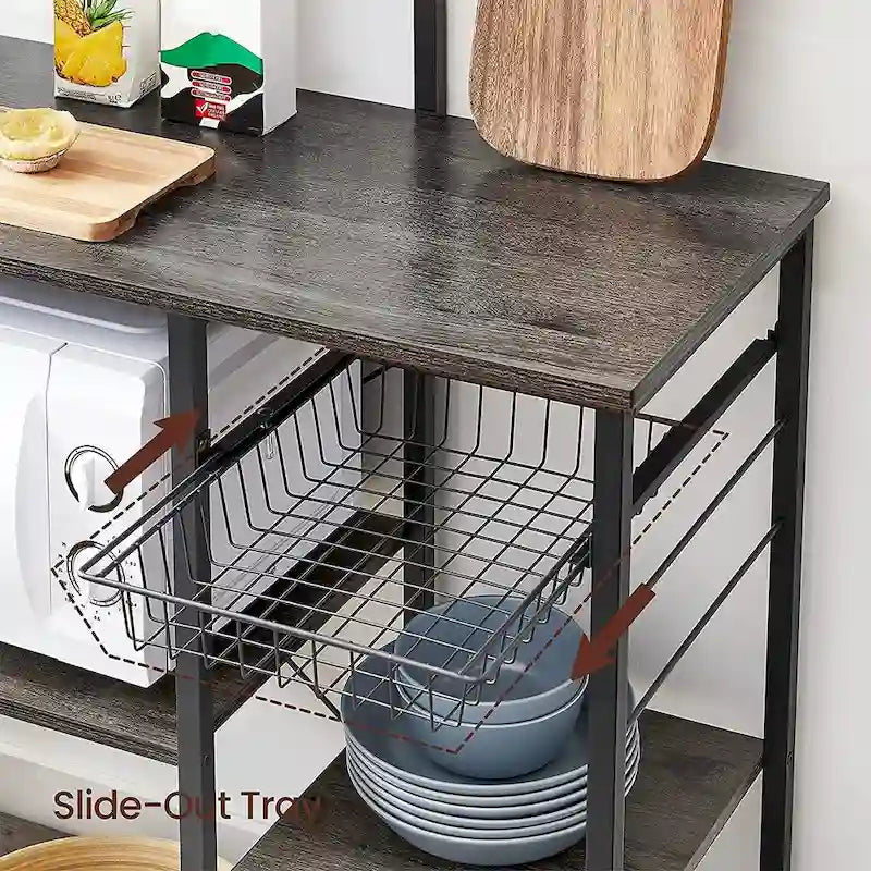 Étagère de cuisine pour four à micro-ondes avec panier en fil et 6 crochets en S - 35,4L x 15,7W x 52H