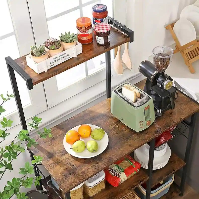 Étagère de cuisine pour four à micro-ondes avec panier en fil et 6 crochets en S - 35,4L x 15,7W x 52H