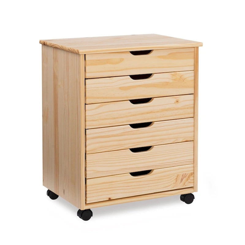 25.25 Natural Brown Wide Rolling Storage Cabinet with 6 Drawer