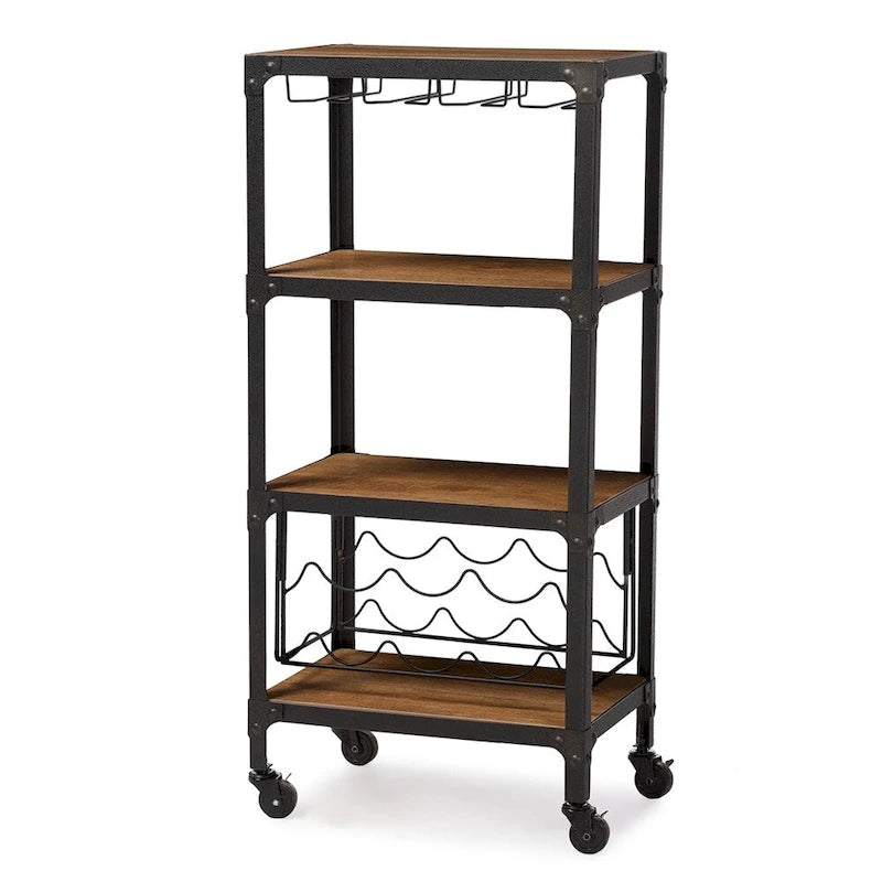 Étagère mobile de cuisine, bar à vin Swanson de style industriel rustique en métal noir texturé et bois vieilli