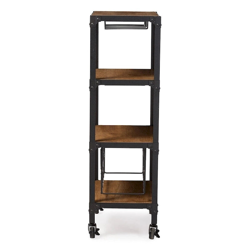 Étagère mobile de cuisine, bar à vin Swanson de style industriel rustique en métal noir texturé et bois vieilli