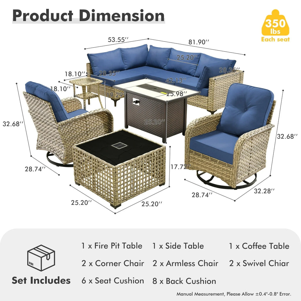 Ensemble de 9 chaises pivotantes en osier d'extérieur OVIOS avec table brasero