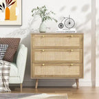 Commode 3 tiroirs en rotin, meuble de rangement bohème moderne avec grand espace de rangement pour chambre à coucher