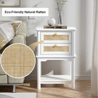 Table de chevet moderne de 71 cm de haut avec 2 tiroirs, en bois et rotin, avec étagère de rangement pour chambre à coucher, couleur blanche