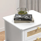 Table de chevet moderne de 71 cm de haut avec 2 tiroirs, en bois et rotin, avec étagère de rangement pour chambre à coucher, couleur blanche