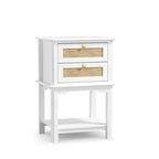 Table de chevet moderne de 71 cm de haut avec 2 tiroirs, en bois et rotin, avec étagère de rangement pour chambre à coucher, couleur blanche