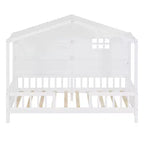 Lit cabane double avec étagères de rangement et barrières, cadre de lit Montessori en bois pour enfants avec fenêtre et bande lumineuse scintillante