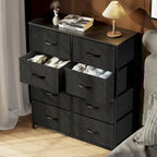 Meuble de Rangement de Chambre avec 8 Tiroirs, Commode Haute et Commode en Tissu avec Plateau en Bois et Cadre en Acier Robuste
