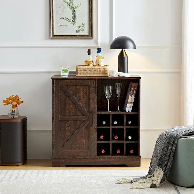 Meuble bar à café de ferme avec casier à vin et porte de grange