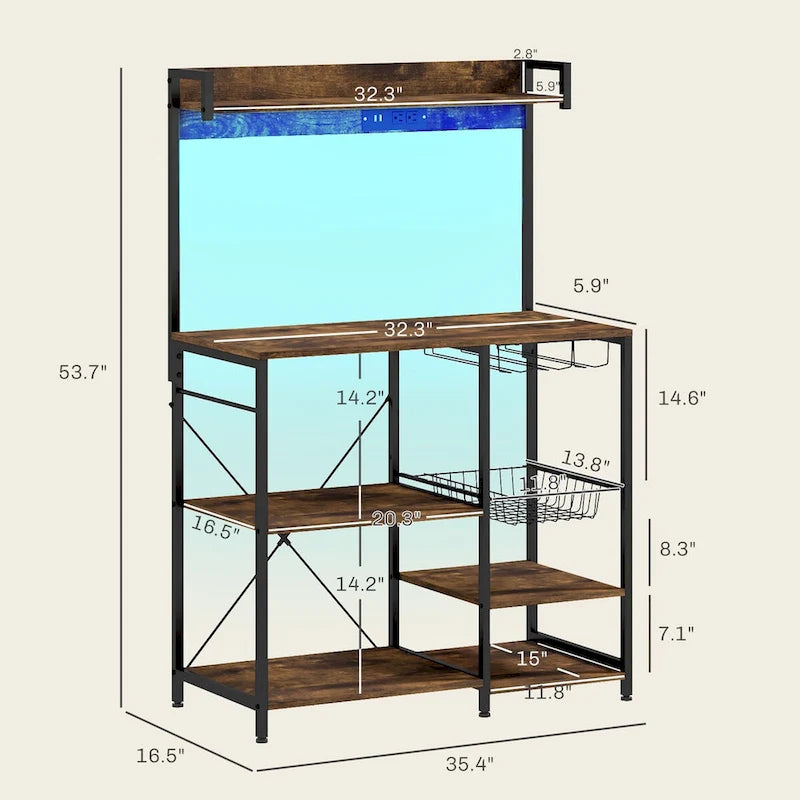 Étagère de boulanger industrielle avec prise de courant et lumières LED, rangement