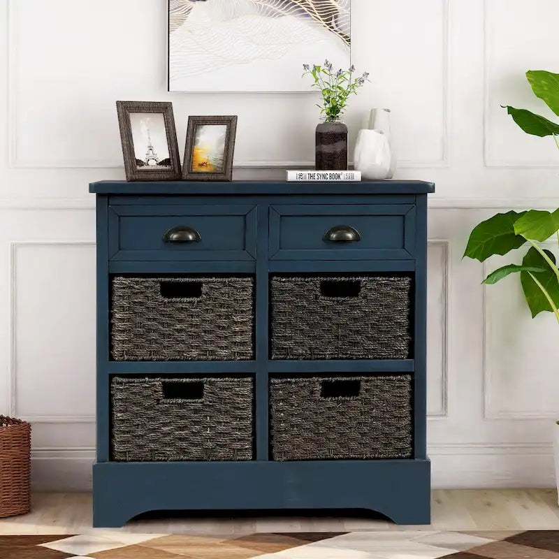 Armoire de rangement rustique avec deux tiroirs et quatre paniers classiques en rotin - 71,1 cm (L) x 30 cm (l) x 71,1 cm (H)